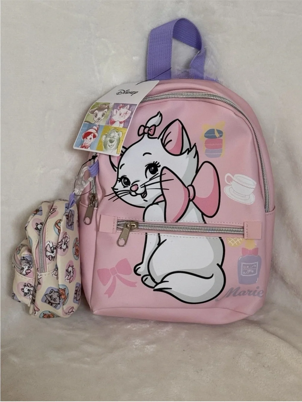 Disney The Aristocats Marie Pink Backpack, Lilac Straps and Matching Pouch
